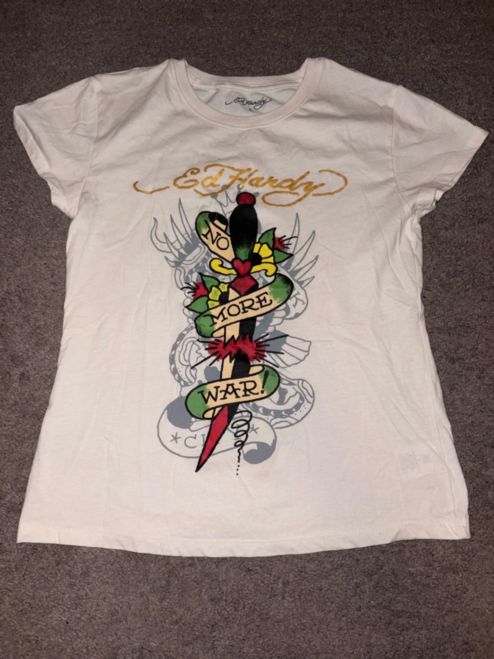 Ed Hardy White Tee with Colorful Dagger 'No More War' Graphic